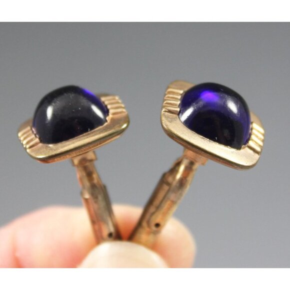 Mid-Century Square Gold Tone Cuff Links Blue Glass or Stone Insets 1960s - Picture 2 of 4